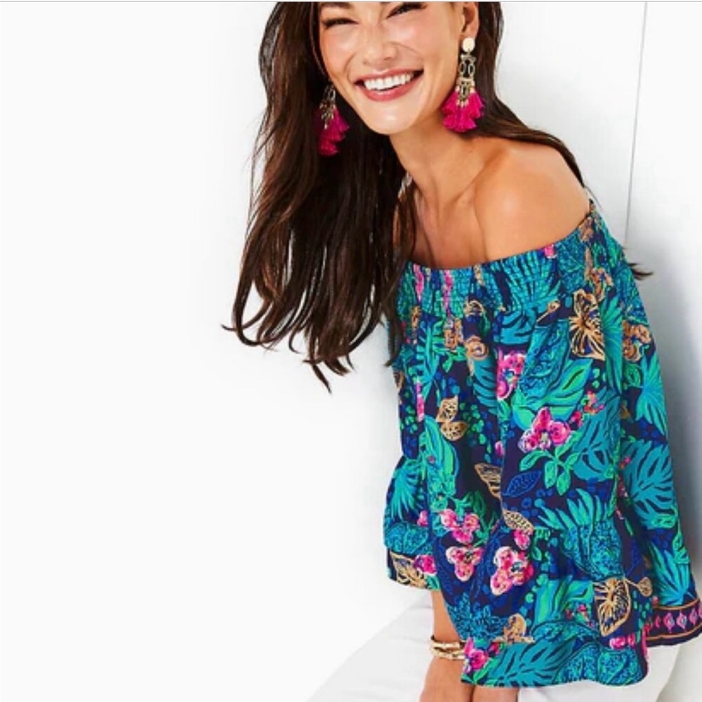LILLY PULITZER Kaori Off-the-shoulder Top XS Low Tide Navy Life Of The Party C2